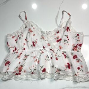 NWT American Eagle Women’s Large Faux Wrap Babydoll Cami Top  Floral Lace Trim